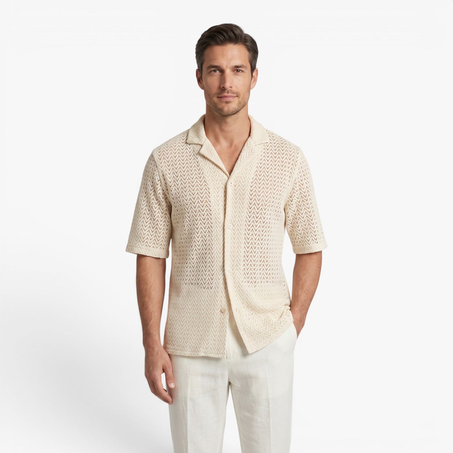 Old Fortune | Men's Knit Shirt with Openwork Pattern and Open Collar