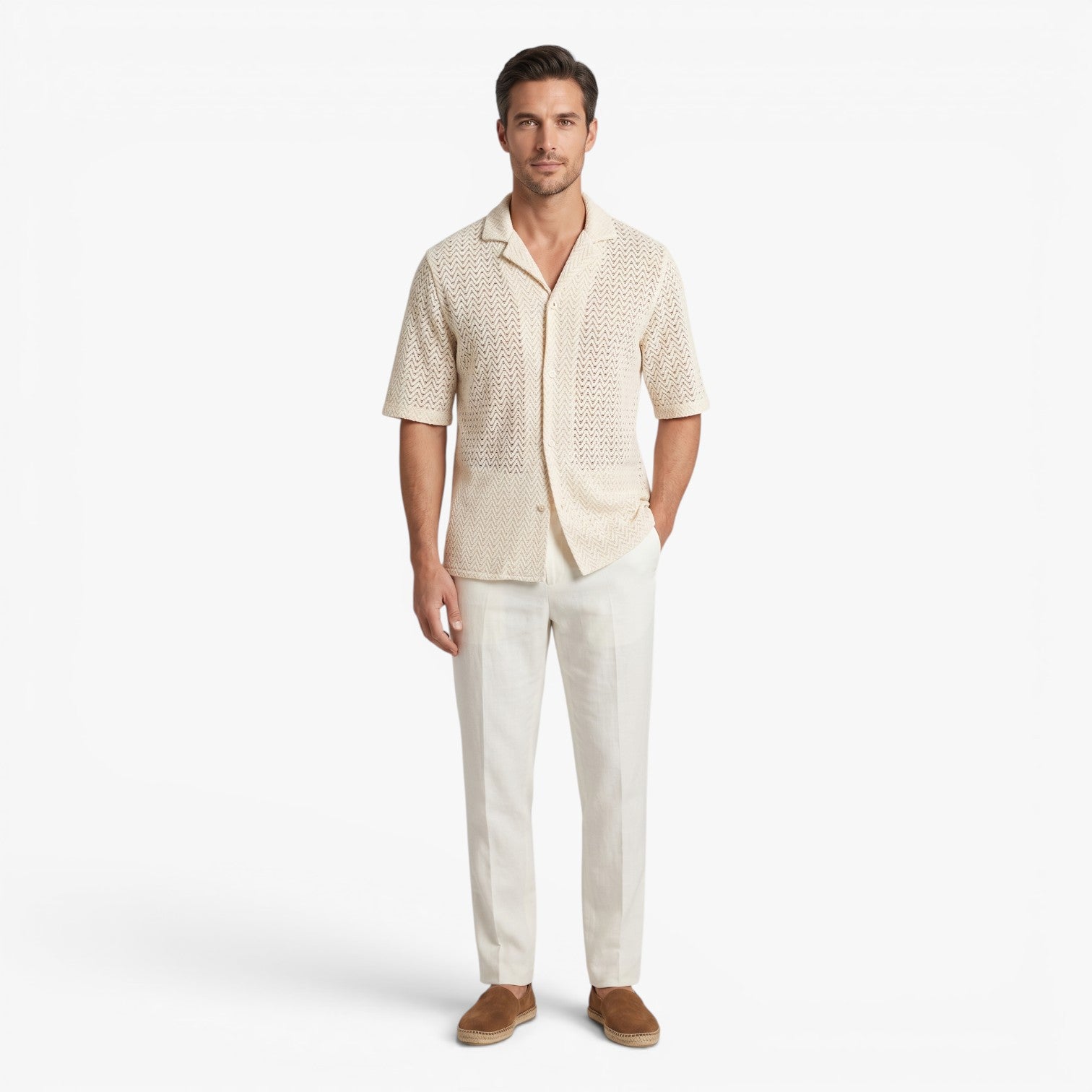 Old Fortune | Men's Knit Shirt with Openwork Pattern and Open Collar