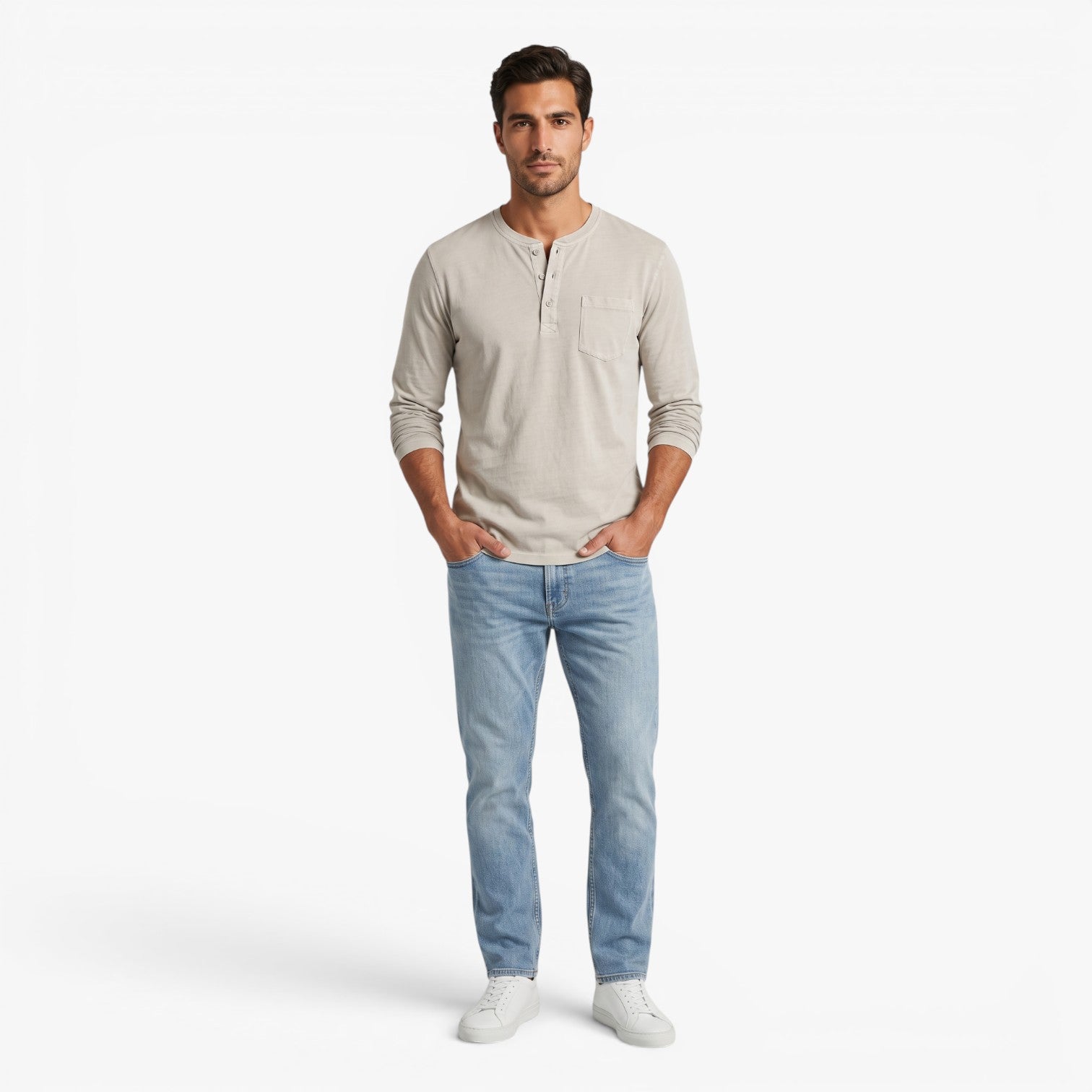 Old Fortune | Heren Henley T-shirt met Lange Mouwen en Zak Casual