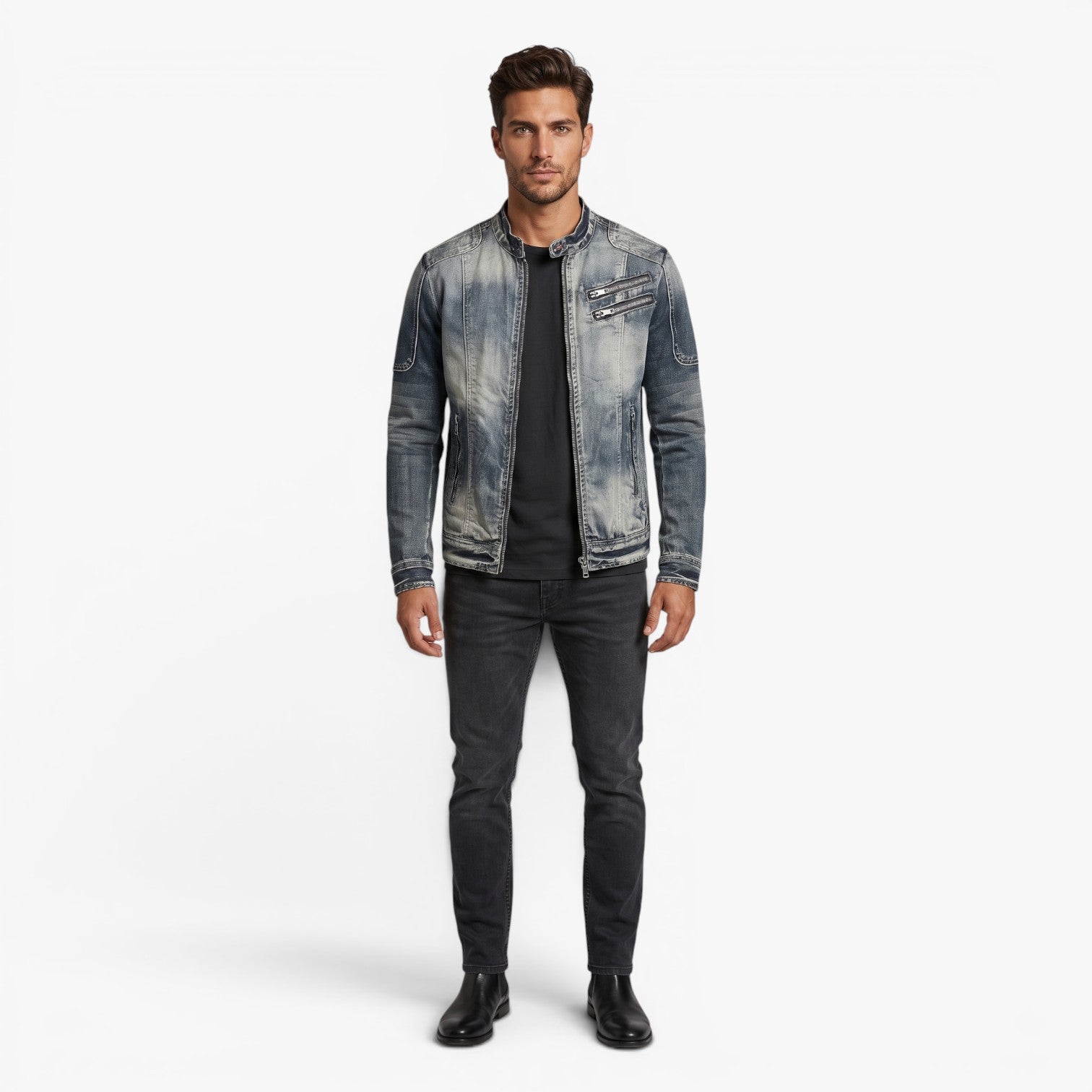 Old Fortune | Herren Vintage Jeansjacke mit Stehkragen und Reißverschlüssen
