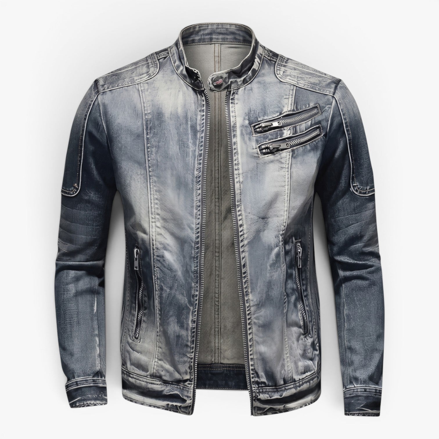 Old Fortune | Herren Vintage Jeansjacke mit Stehkragen und Reißverschlüssen