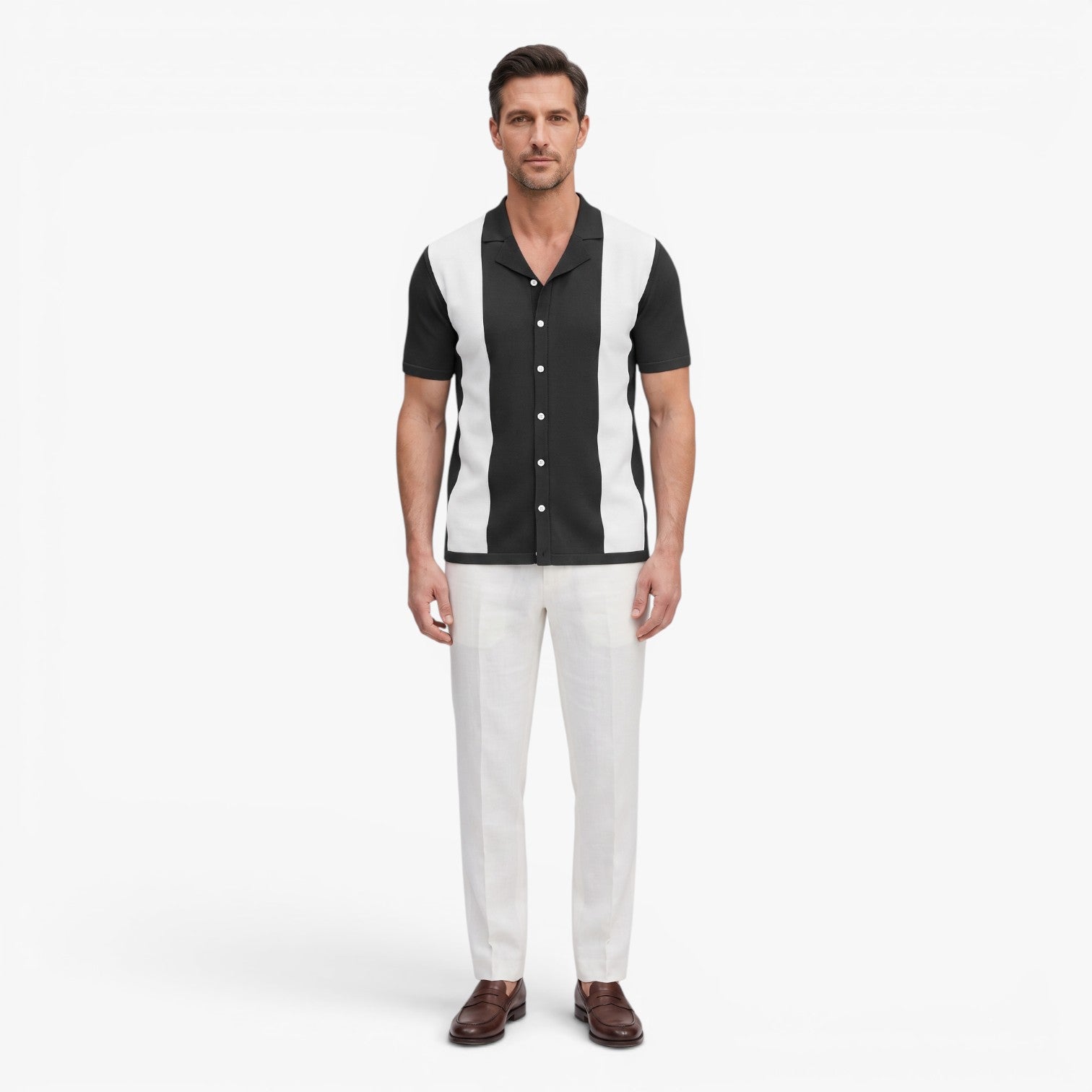 Old Fortune | Men's Shirt with Contrasting Vertical Pattern and Short Sleeves