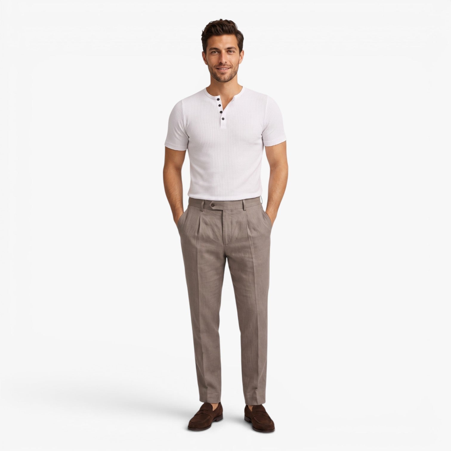 Old Fortune | Męski T-shirt Prążkowany z Dekoltem Henley i Guzikami Slim Fit