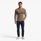 Old Fortune | Męska Prążkowana Koszulka Henley Slim Fit z Długim Rękawem