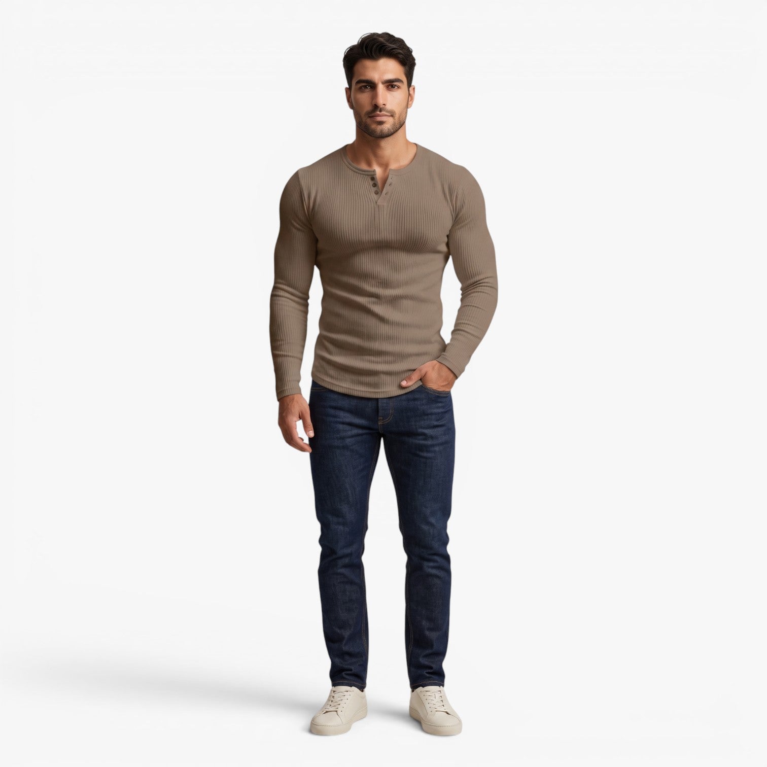 Old Fortune | Męska Prążkowana Koszulka Henley Slim Fit z Długim Rękawem