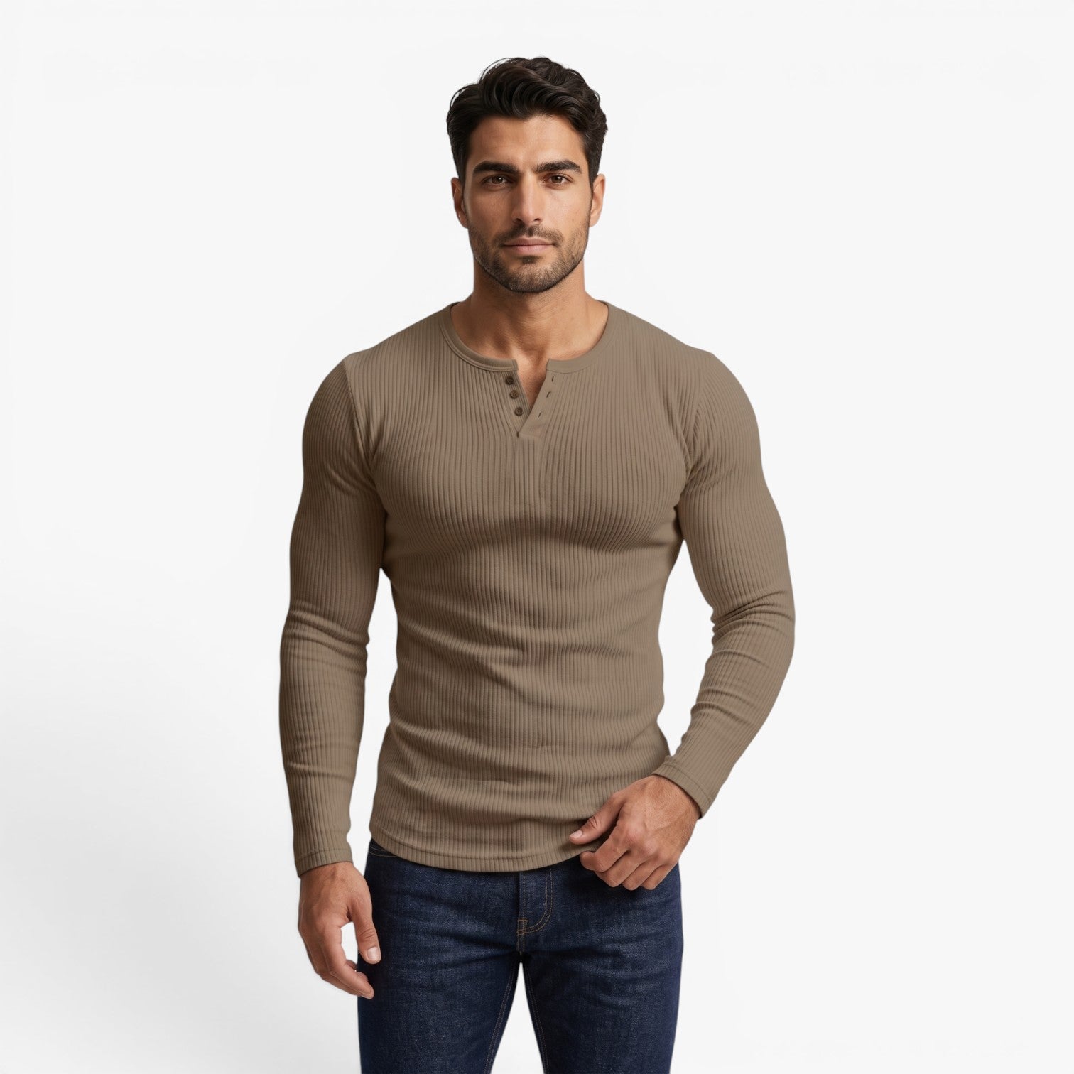 Old Fortune | Męska Prążkowana Koszulka Henley Slim Fit z Długim Rękawem
