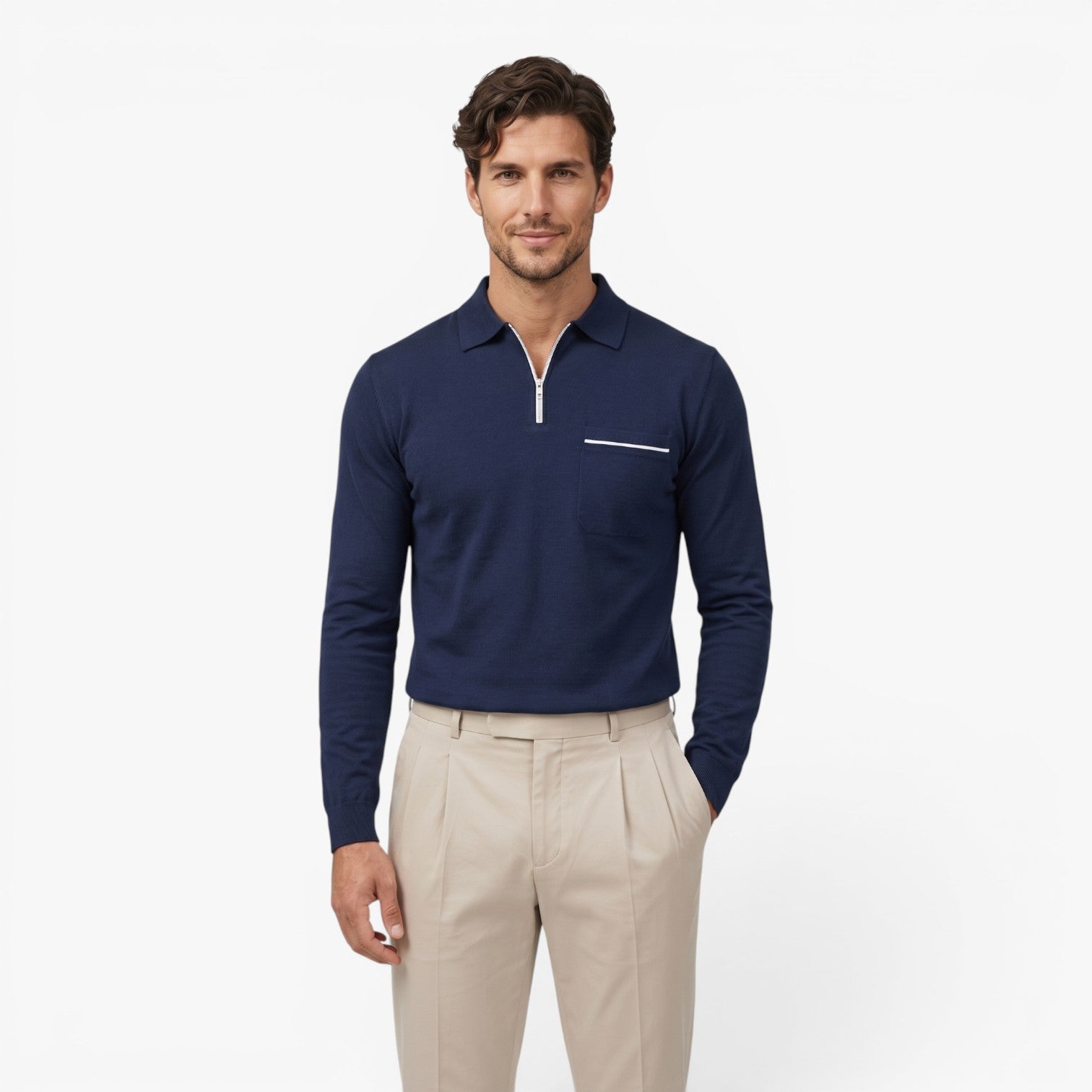 Old Fortune | Herren Polohemd mit langen Ärmeln und Reißverschluss, Slim Fit