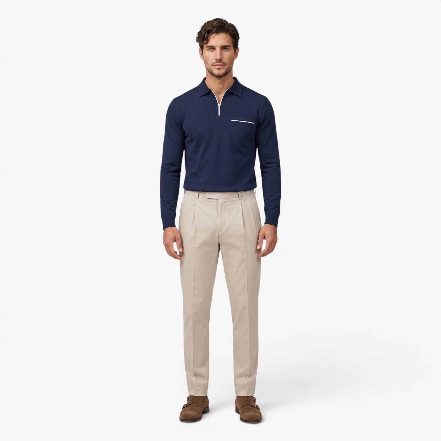 Old Fortune | Herren Polohemd mit langen Ärmeln und Reißverschluss, Slim Fit