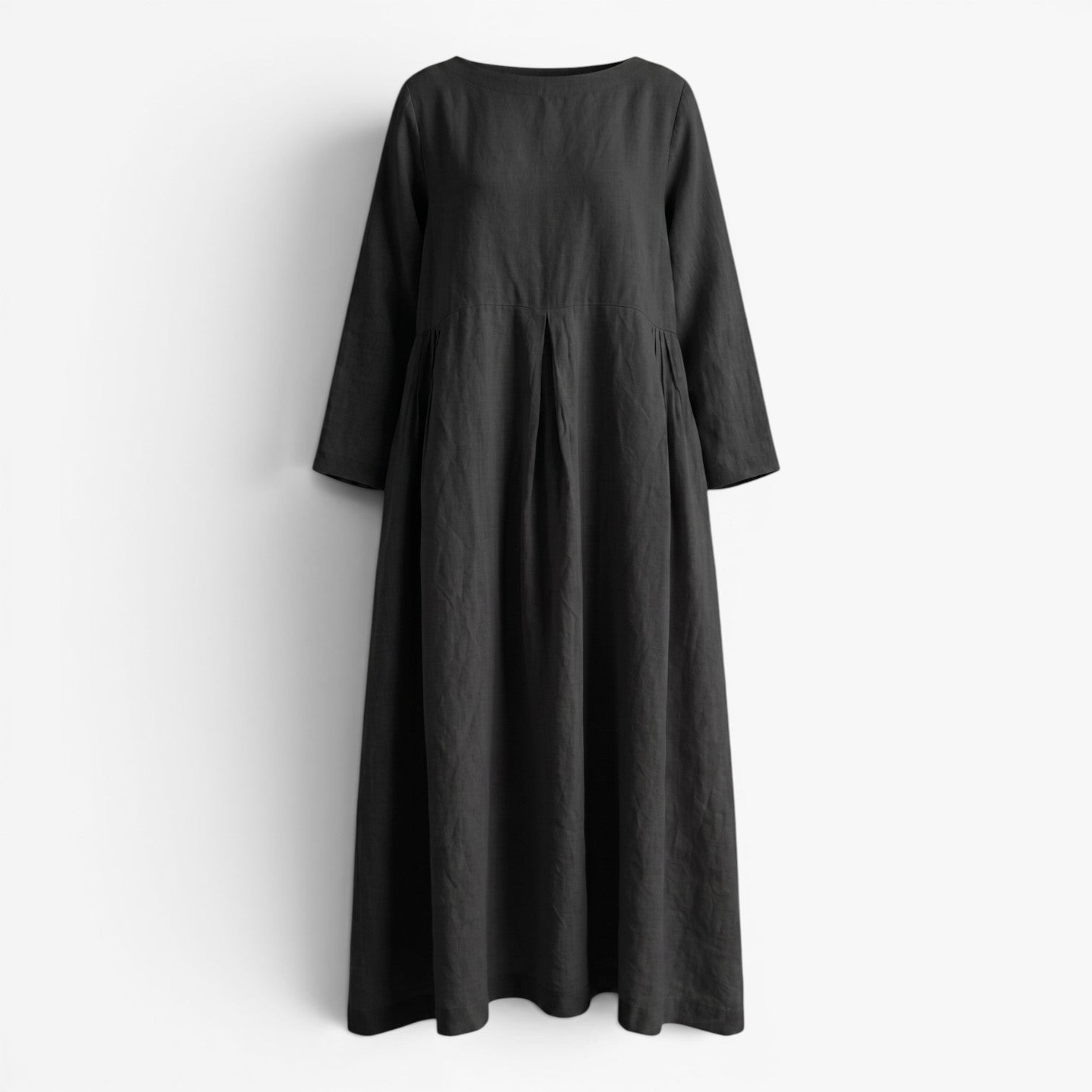 Old Fortune | Women's Linen Maxi Dress with Pleats, Pockets, and Round Neckline