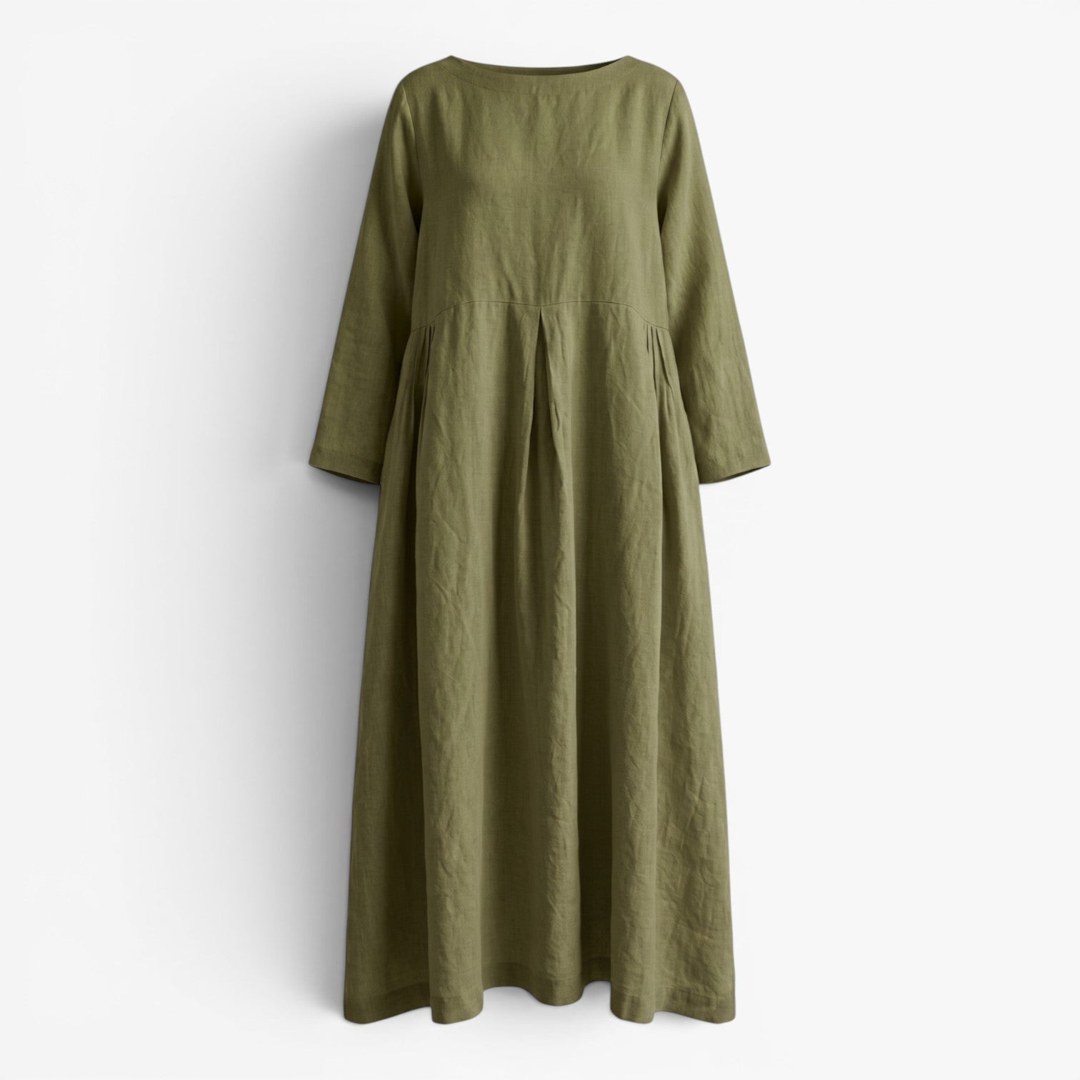 Old Fortune | Women's Linen Maxi Dress with Pleats, Pockets, and Round Neckline