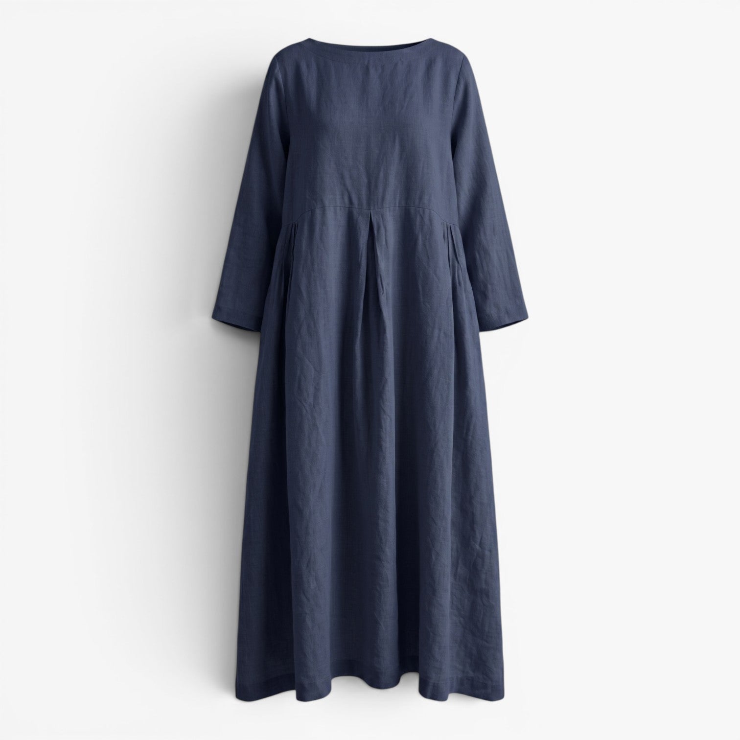 Old Fortune | Women's Linen Maxi Dress with Pleats, Pockets, and Round Neckline