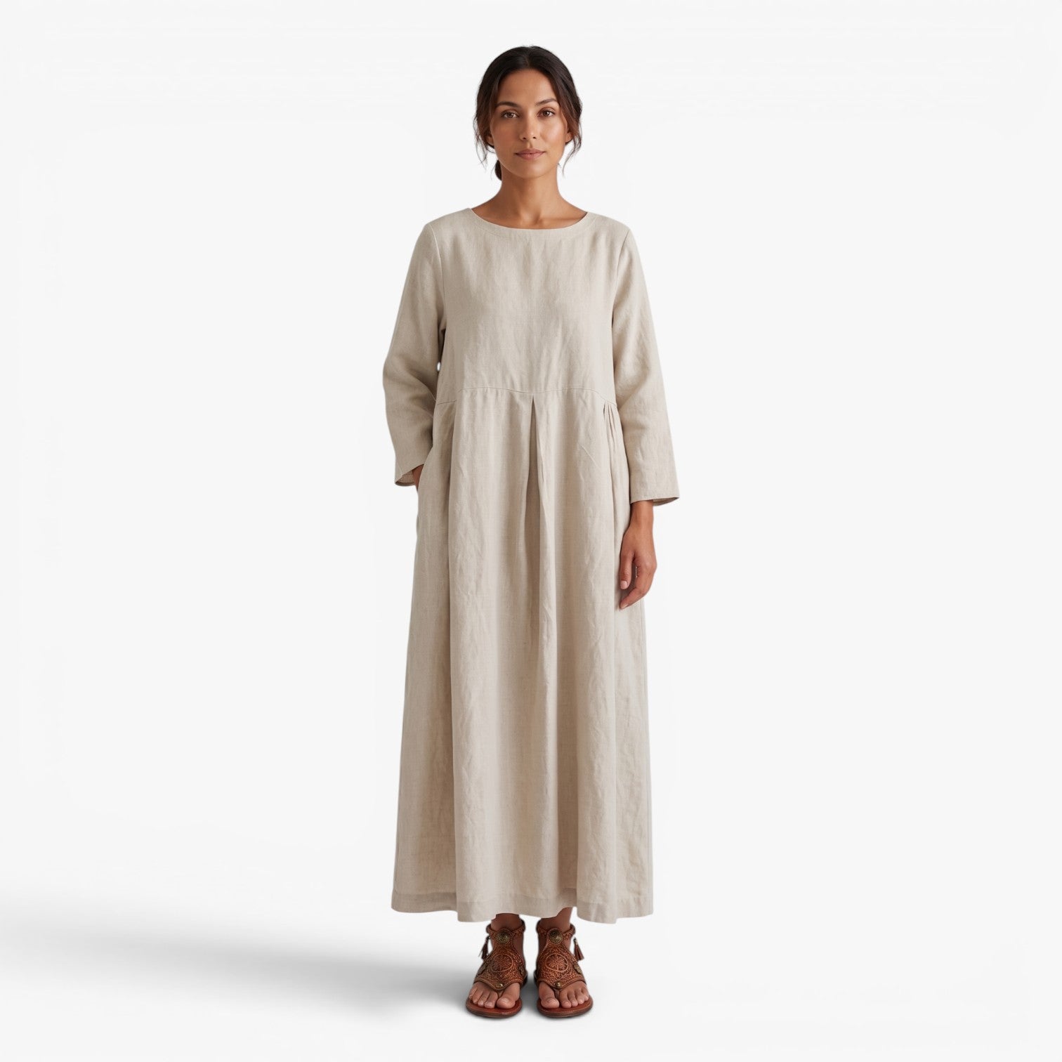 Old Fortune | Dames Linnen Maxi Jurk met Plooien, Zakjes en Ronde Halslijn