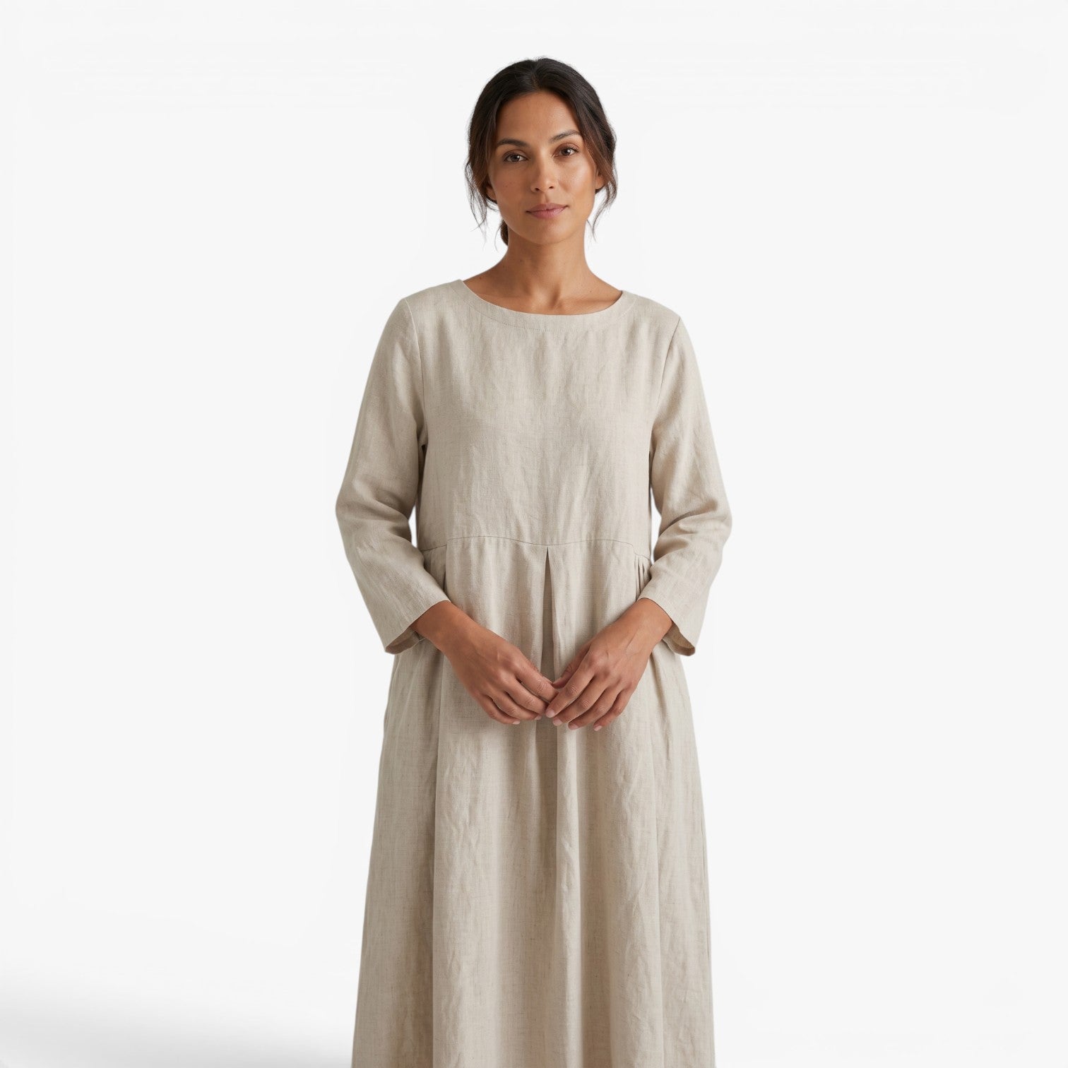 Old Fortune | Dames Linnen Maxi Jurk met Plooien, Zakjes en Ronde Halslijn