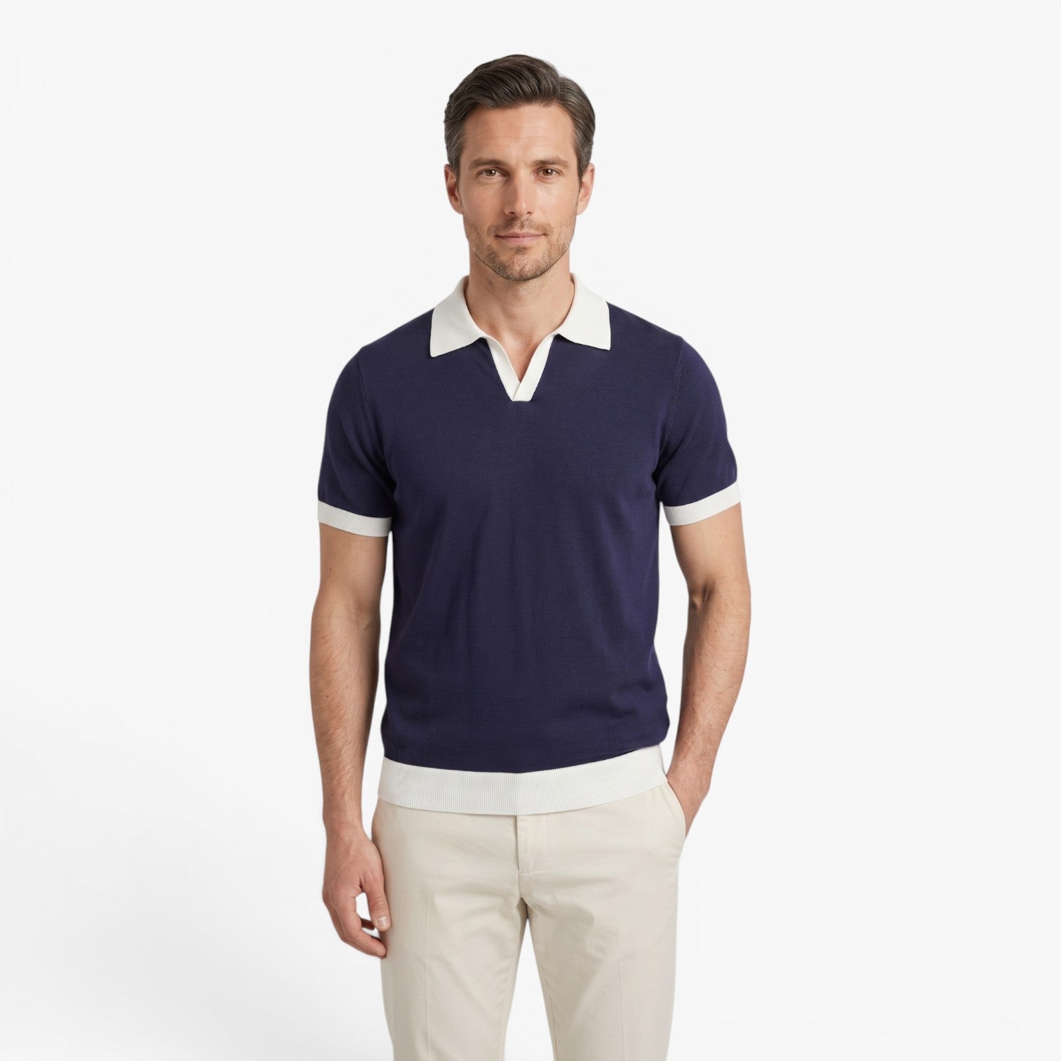 Old Fortune | Men's Knit Polo Shirt with Contrast Collar