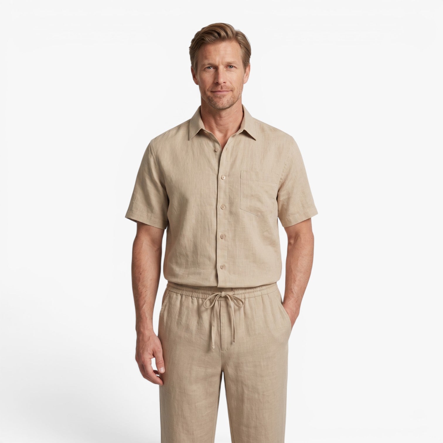 Old Fortune | Heren linnen set met kortärmelig overhemd en broek
