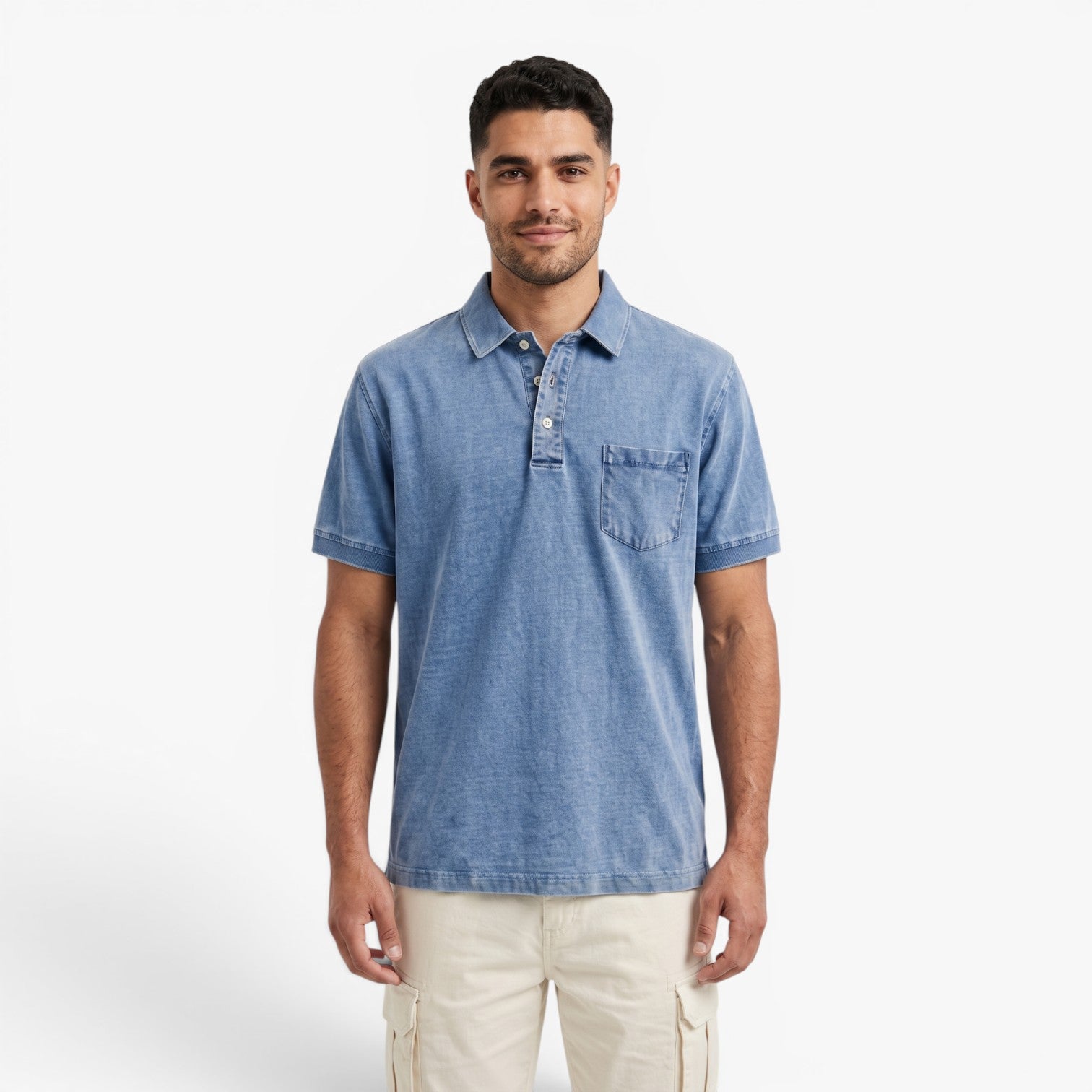 Old Fortune | Heren Polo met Verweerd Jeans Effect en Zakje