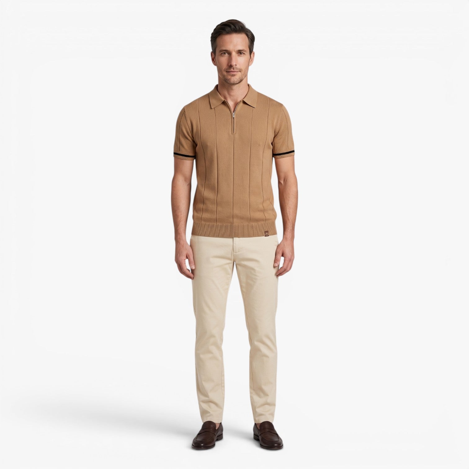 Old Fortune | Men's Knit Polo Shirt with Zipper and Ribbed Texture