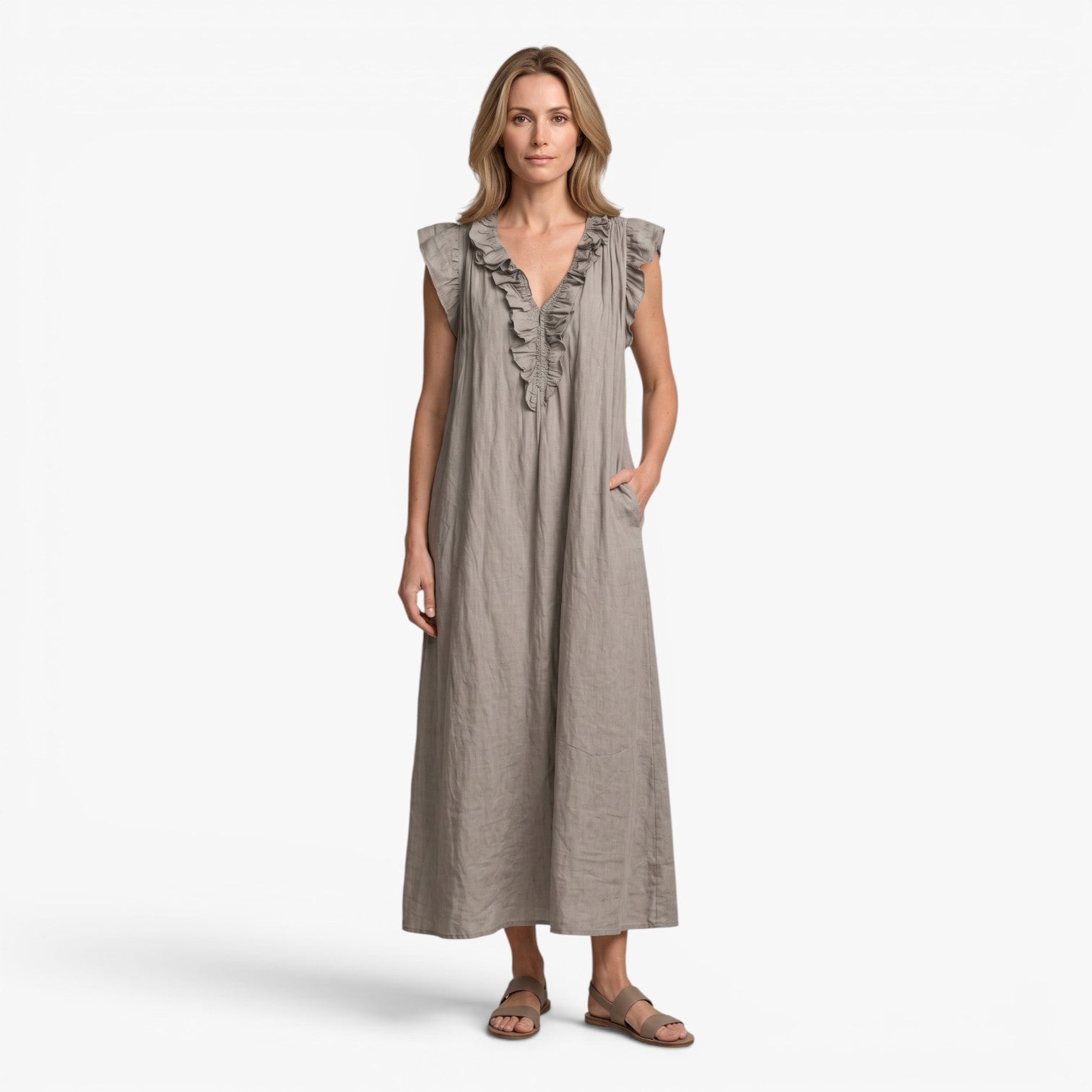 Old Fortune | Long Dress with Ruffles at the Neckline and Loose Fit