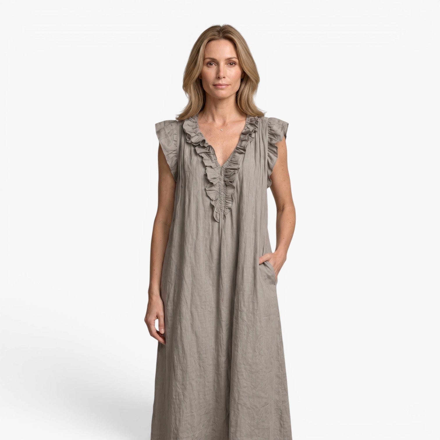 Old Fortune | Long Dress with Ruffles at the Neckline and Loose Fit