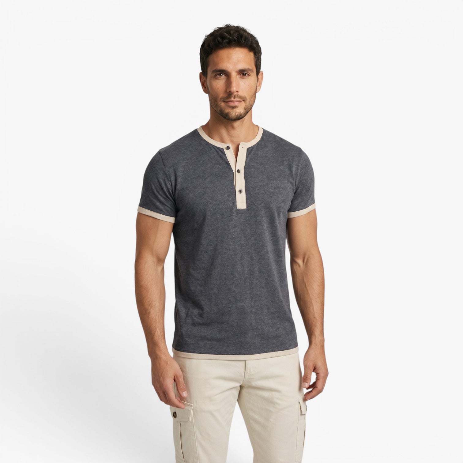 Old Fortune | Męski T-Shirt z Kontrastową Plisą i Guzikami