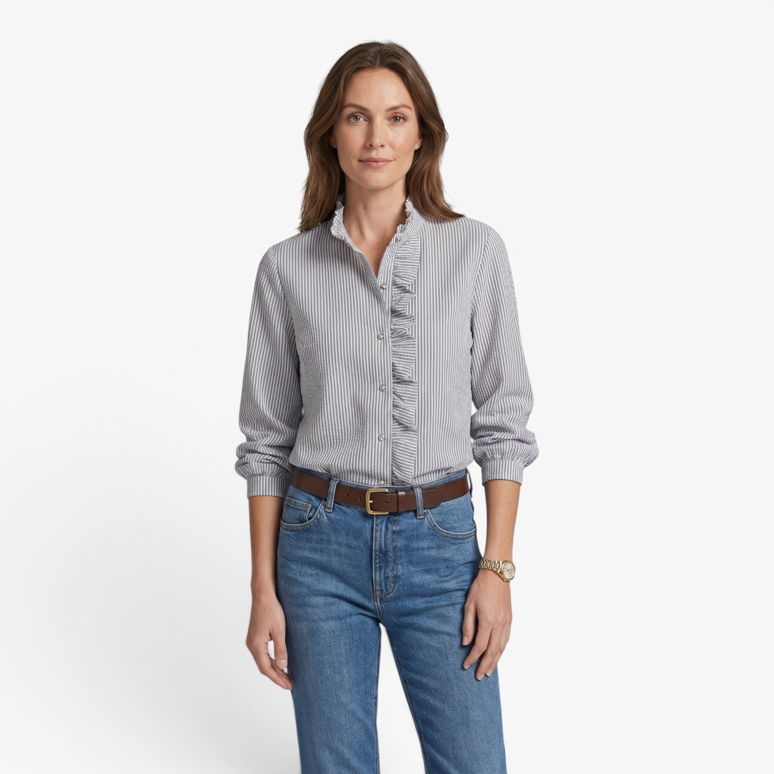 Old Fortune | Damesblouse met ruches, geribbeld, met knopen en lange mouwen