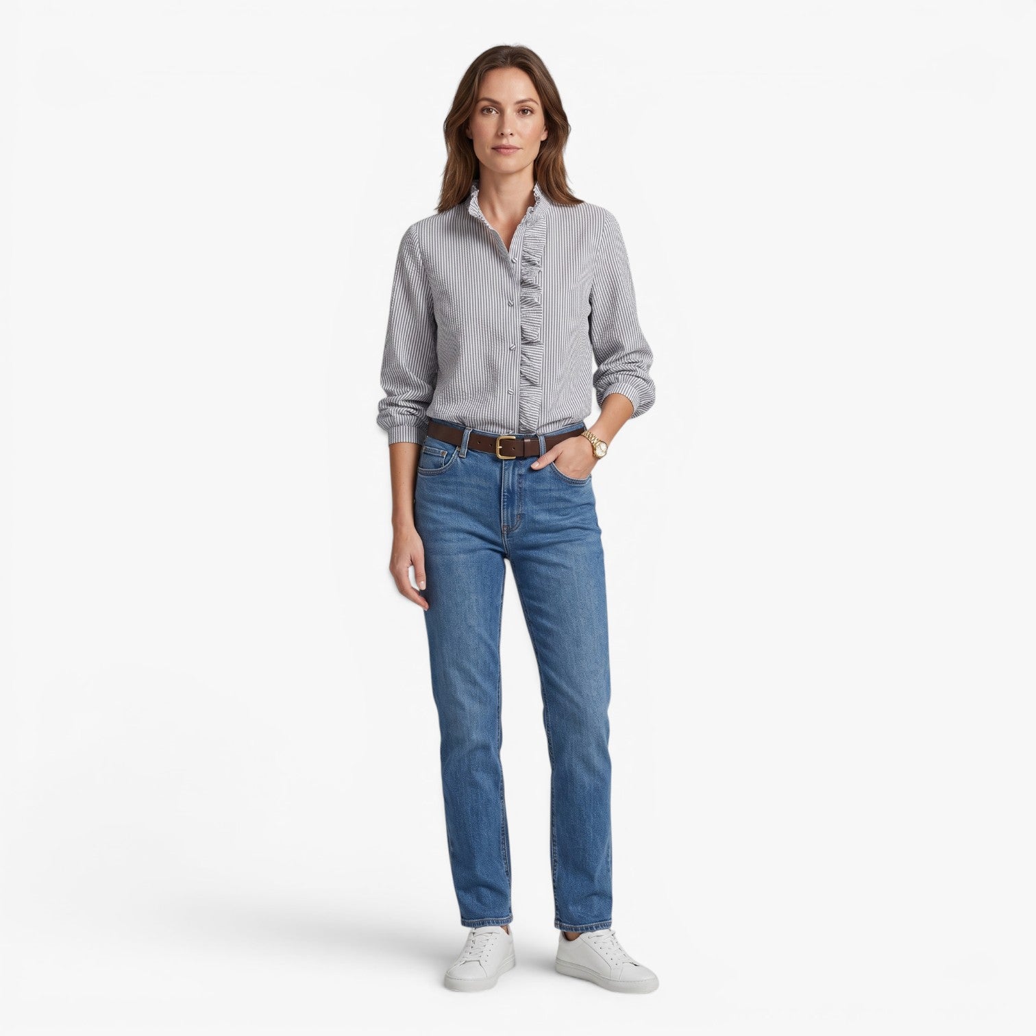 Old Fortune | Damesblouse met ruches, geribbeld, met knopen en lange mouwen