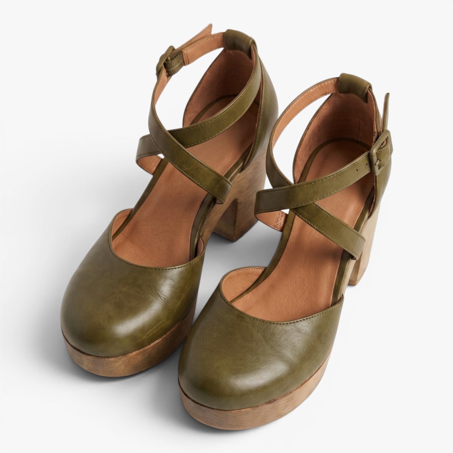 Old Fortune | Women's Leather Block Heel Pumps with Cross Straps