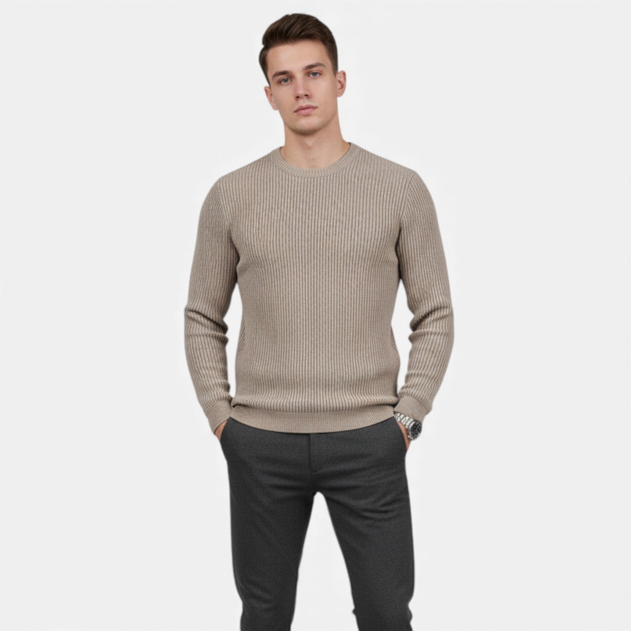 Old Fortune | Męski Sweter Dzianinowy z Prążkowaną Strukturą